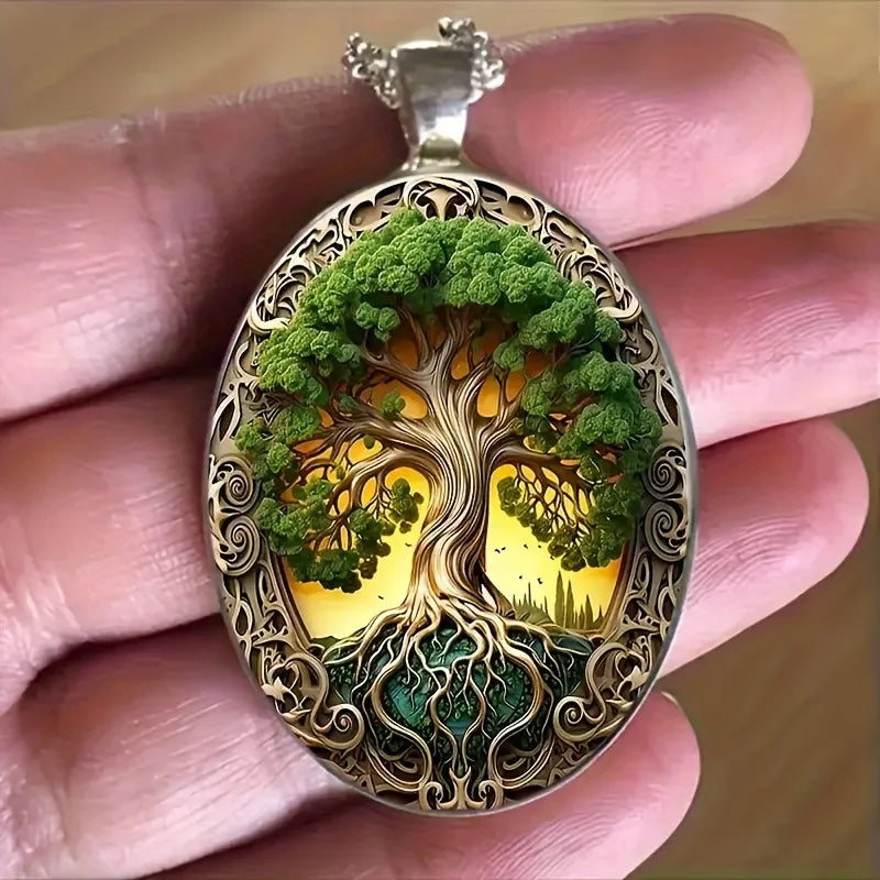 New Fashionable and Elegant Tree of Life Pattern Elliptical Glass Alloy Pendant Necklace Jewelry Wholesale