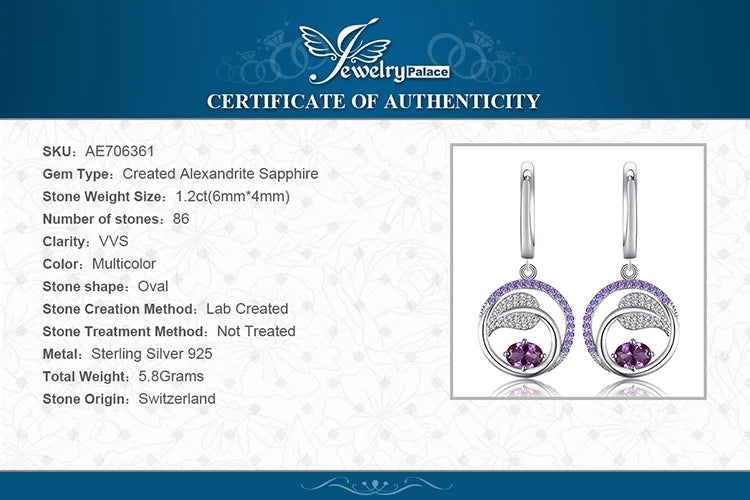 JewelryPalace Leaf 1.2ct Created Alexandrite Sapphire 925 Sterling Silver Drop Earrings for Women Purple Gemstone Jewelry Gift
