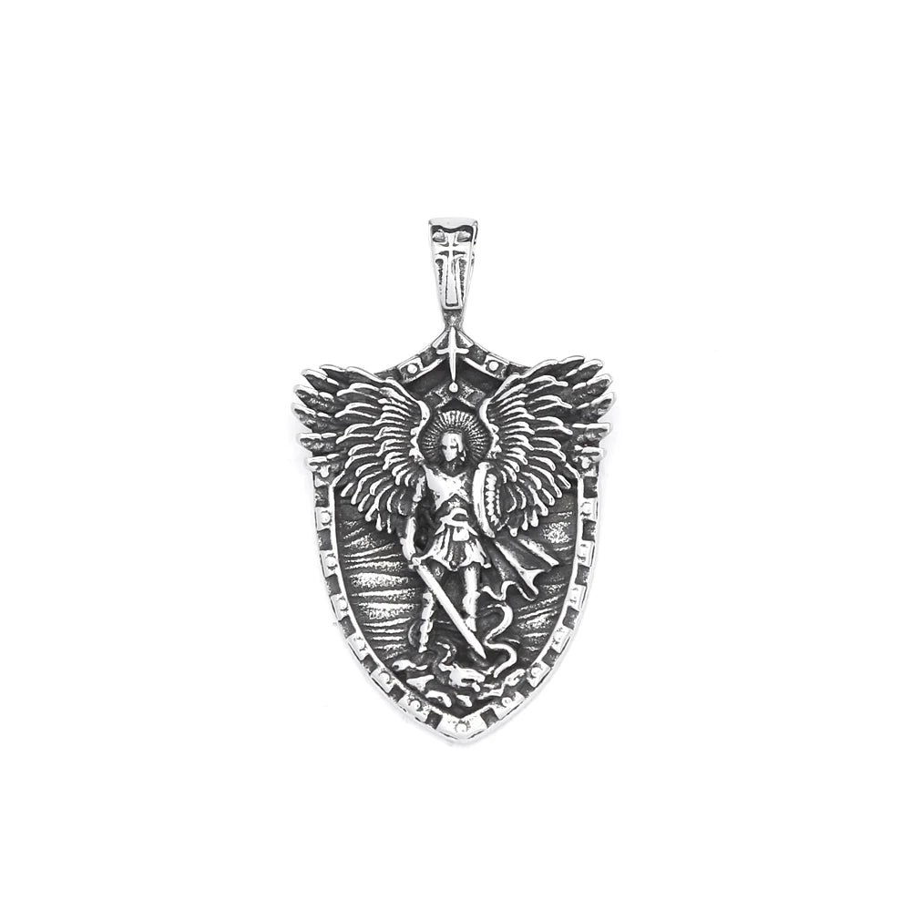 Fashion Vintage Stain Michael With Angel Wings Pandent Necklaces For Men Women Stainless Steel Biker Amulet Jewelry Dropshipping