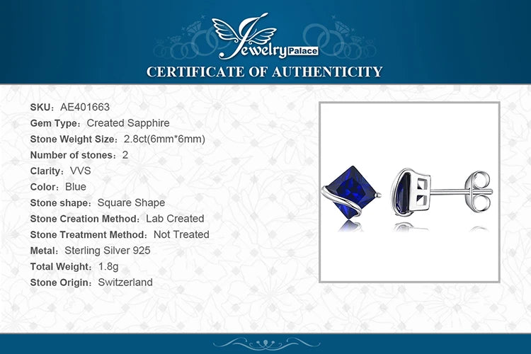 JewelryPalace Square 2.8ct Created Blue Sapphire 925 Sterling Silver Stud Earrings for Women Gemstone Fine Jewelry Birthday Gift