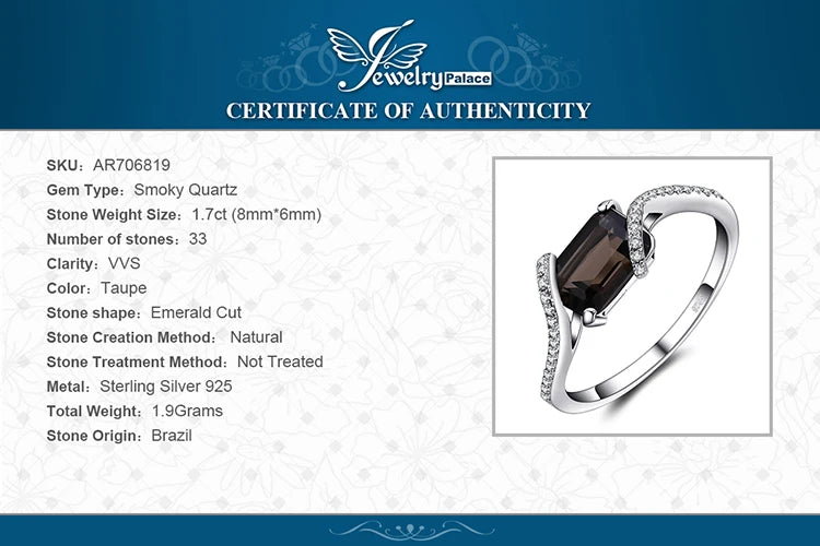 JewelryPalace 1.7ct Emerald Cut Genuine Smoky Quartz 925 Sterling Silver Ring for Woman Wedding Engagement Gemstone Jewelry