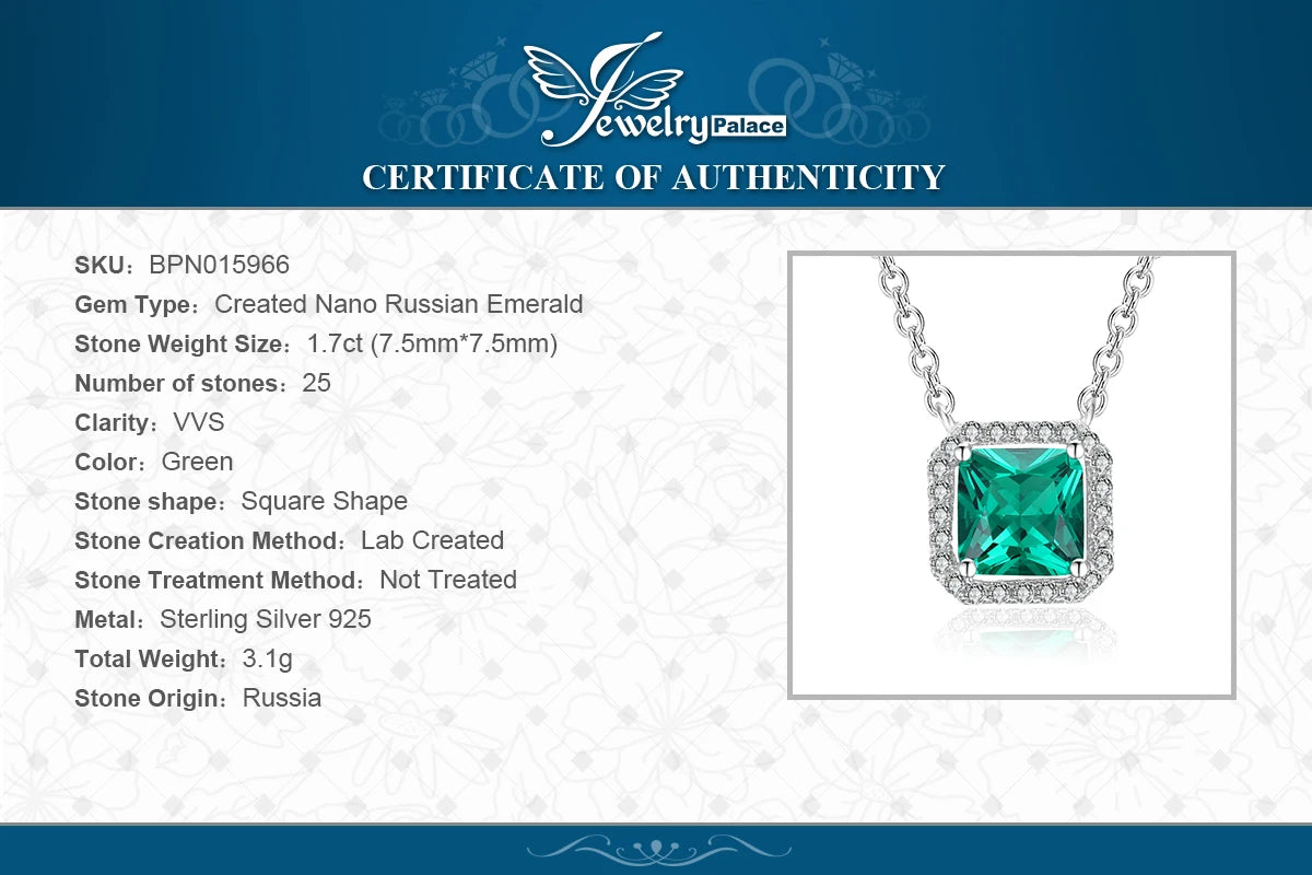 JewelryPalace Square 1.7ct Simulated Nano Emerald 925 Sterling Silver Pendant Necklace for Women Green Gemstone Choker Gift 45cm