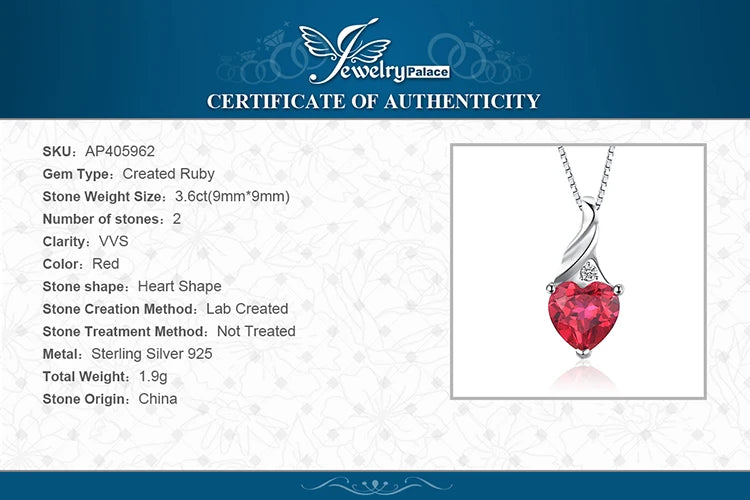 JewelryPalace 3.6ct Love Heart Created Rubies 925 Sterling Silver Pendant for Woman Romantic Engagement Jewelry Without Chain