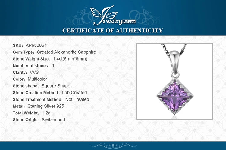 JewelryPalace Square Created Alexandrite Sapphires 925 Sterling Silver Pendant for Women Fashion Gemstone Necklace No Chain