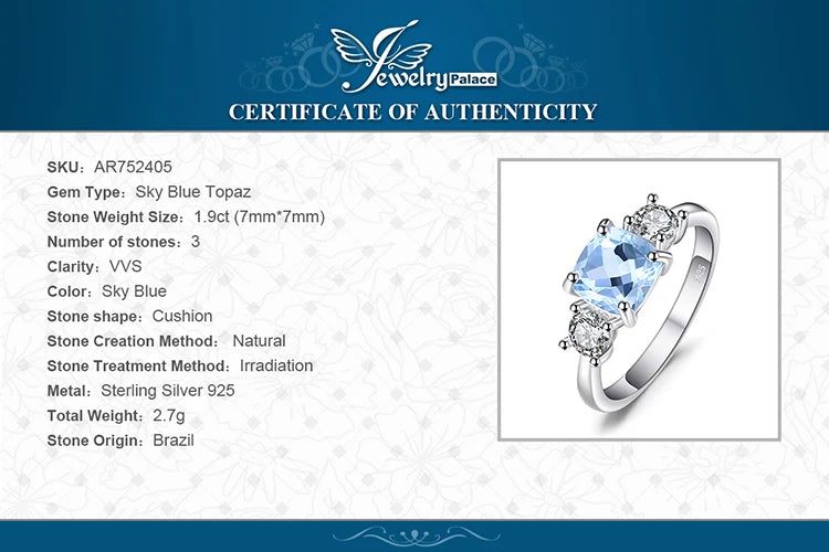 JewelryPalace 1.9ct Square Natural Sky Blue Topaz 925 Sterling Silver 3 Stone Ring for Women Gemstone Jewelry Wedding Gifts