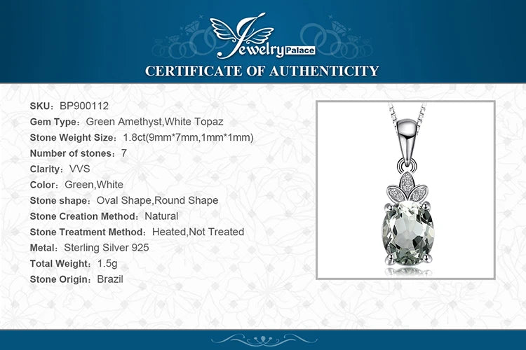 JewelryPalace 1.8ct Genuine Green Amethyst 925 Sterling Silver Pendant Necklace for Woman No Chain
