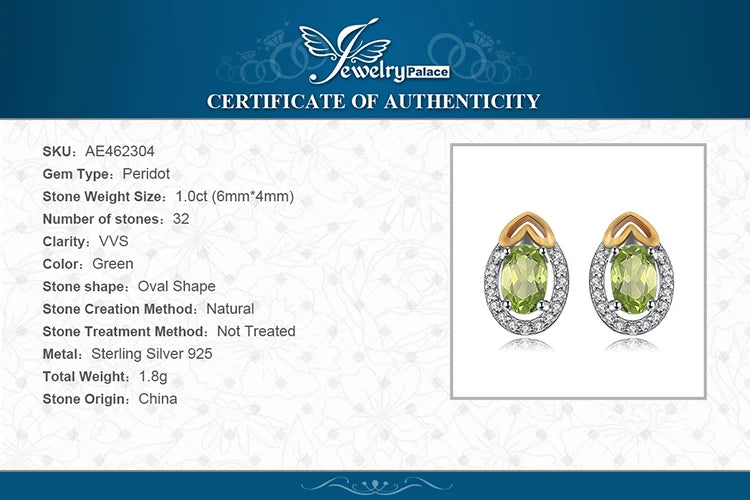 JewelryPalace Oval Cut Genuine Natural Green Peridot 925 Sterling Silver Stud Earrings for Women Fashion Gemstone Gold Earrings