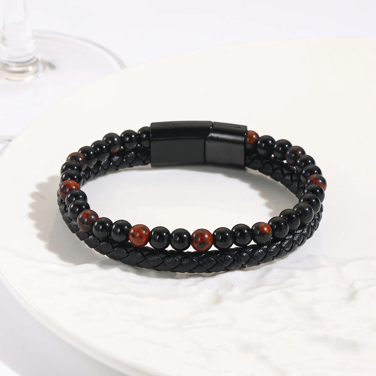 Black Shining Volcano Tiger Eye Bead Natural Stone Bracelet Men's Cowhide Rope Bracelet Hand String Jewelry Gift