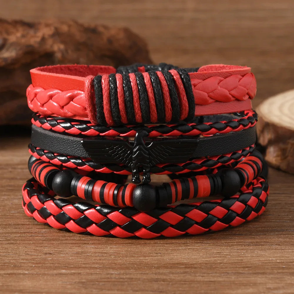 Red Beads Vintage Feather Casual 4 Pc/set Handmade Men Bracelets Male Women Leather Bracelets Men Bangle Wholesale Jewelry Gift