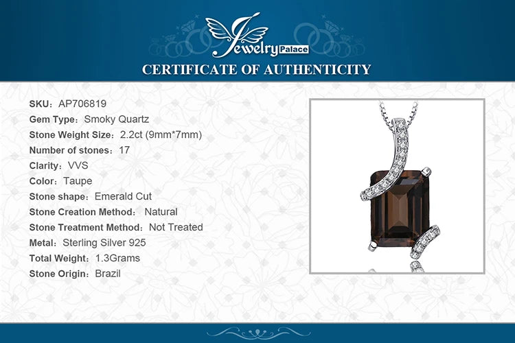 JewelryPalace 2.2ct Genuine Emerald Cut Smoky Quartz 925 Sterling Silver Pendant Necklace for Woman Gemstone Choker No Chain