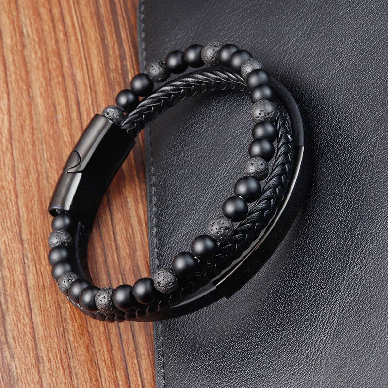 Pulsera de cuerda trenzada con dijes para hombre, de acero inoxidable, con hebilla magnética, de cuero genuino, joyería para hombre y mujer.