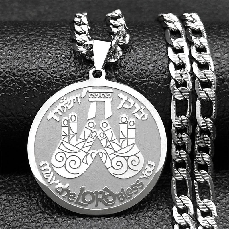May The Lord Bless You Praying Hand Pendant Necklace For Women Men Stainless Steel Gold Color Round Medal Hebrew Hip Hop Jewelry