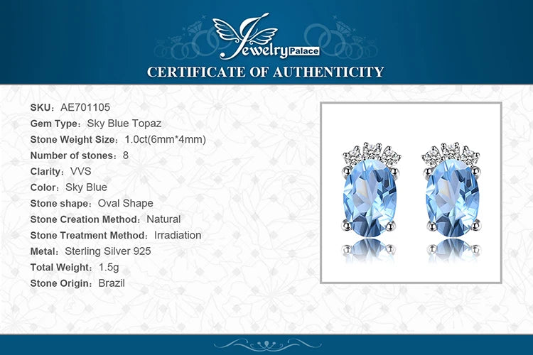 JewelryPalace Crown 1ct Oval Natural Sky Blue Topaz 925 Sterling Silver Stud Earrings for Woman Gemstone Jewelry Birthday Gift
