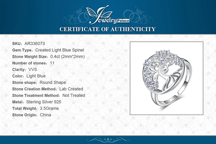 JewelryPalace Tree Of Life Created Blue Spinel 925 Sterling Silver Open Adjustable Ring for Women Statement Gemstone Jewelry