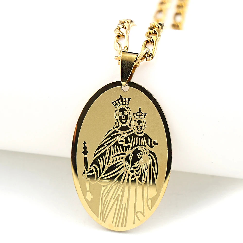 Oval Medal Virgin Mary Pendant Necklace for Women Men Stainless Steel Gold Color Catholic Our Lady of Mount Carmel Chain Jewelry