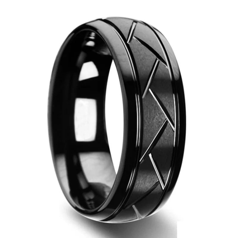 Fashion Men’s Silver Color Black Stainless Steel Ring Groove Multi-Faceted Ring For Men Women Engagement Ring Anniversary Gifts