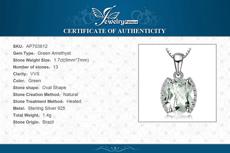 JewelryPalace Oval 1.7ct Natural Green Amethyst 925 Sterling Silver Pendant Necklace for Women Fine Jewelry Choker No Chain