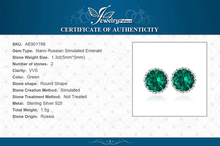 JewelryPalace Round Green Simulated Nano Emerald 925 Sterling Silver Stud Earrings for Women Fashion Statement Gemstone Jewelry