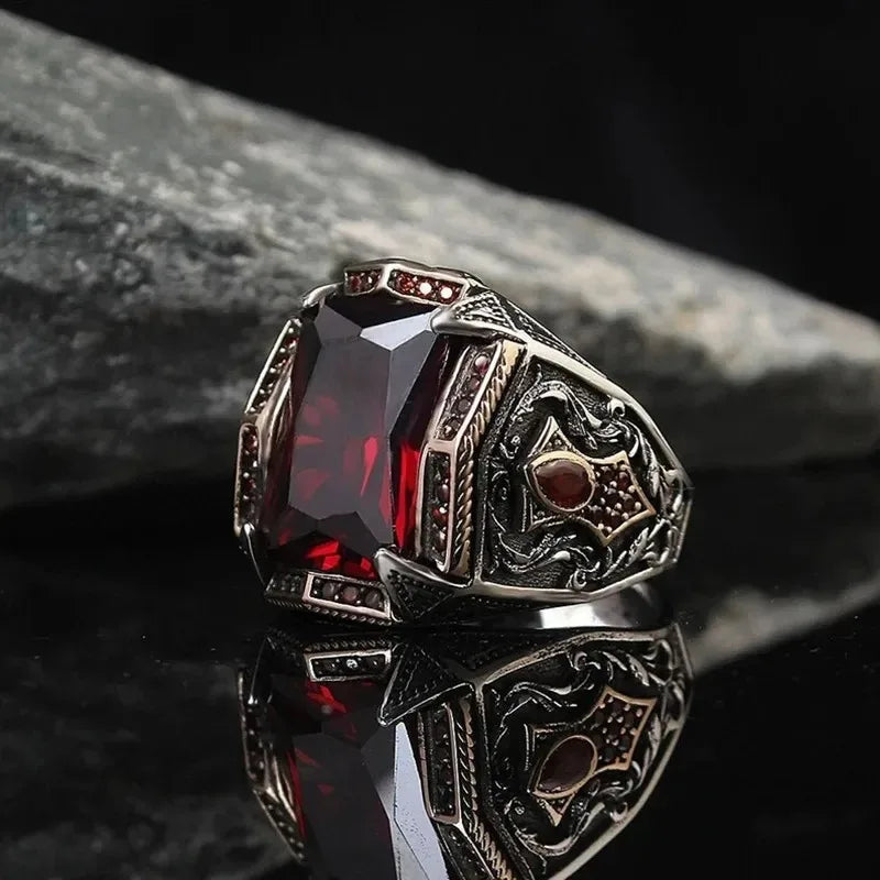 Retro Turkish Handmade Men Rings Vintage Carved Pattern Red/Blue/Rainbow Zircon Rings Rock Punk Islamic Muslim Wedding Jewelry