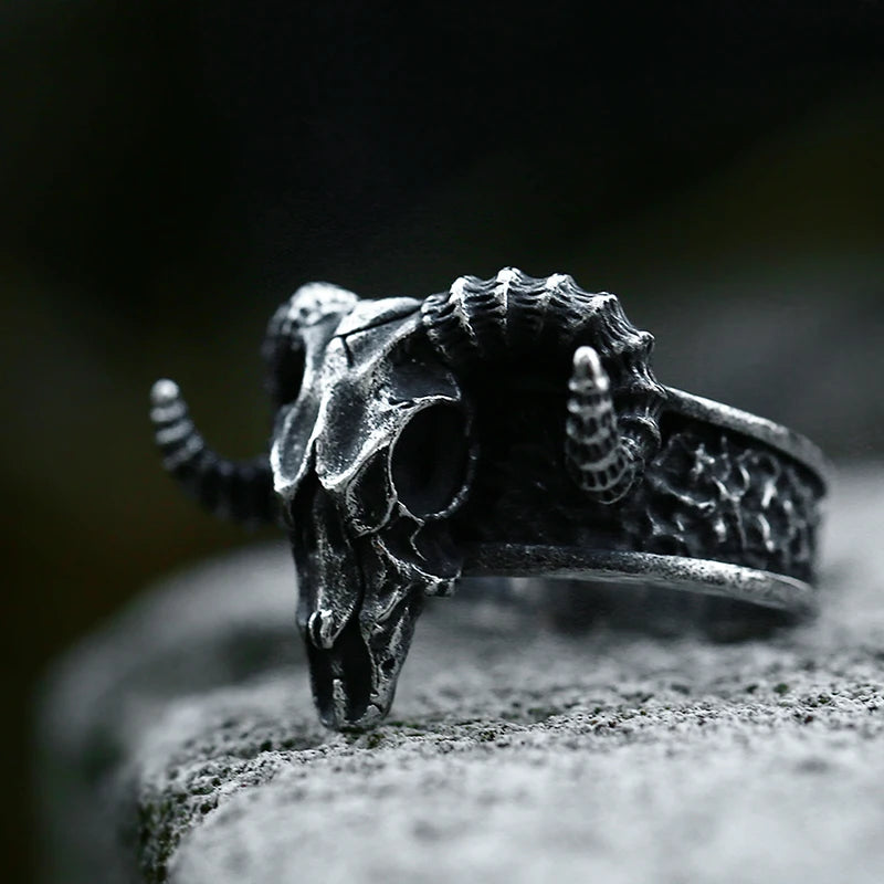 Vintage Gothic Punk Stainless Steel Ring Demon Satan Goat Skull Ring Prajna Mask Men Jewelry Accessories