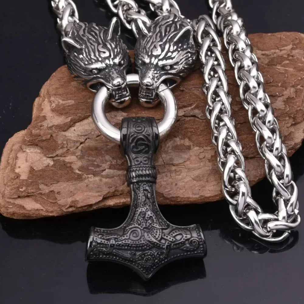Fashionable And Exquisite New Retro Nordic Viking Hammer Pendant Wolf Head Necklace For Personalized Men'S Amulet Jewelry Gift