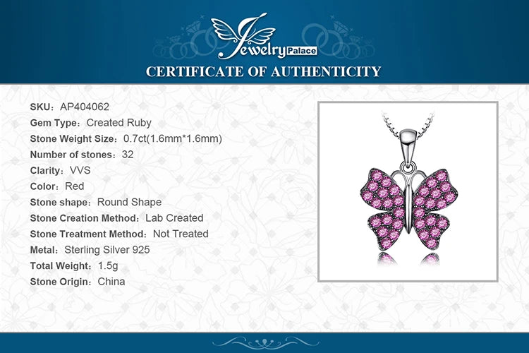 JewelryPalace Butterfly Pink Created Ruby 925 Sterling Silver Pendant for Women Statement Gemstone Necklace Without Chain