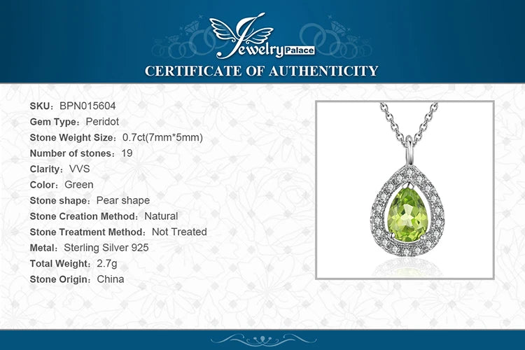 JewelryPalace Pear Natural Peridot 925 Sterling Silver Halo Pendant Necklace for Women Fashion Gemstone Fine Jewelry Gift 45cm