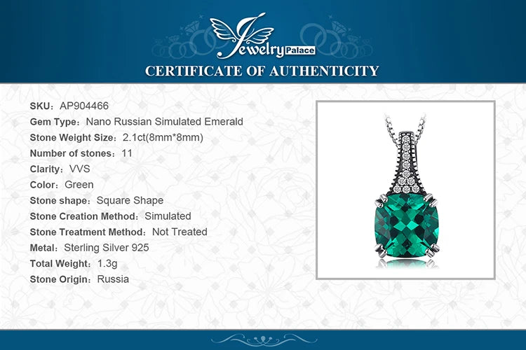 JewelryPalace 2.1ct Cushion Simulated Nano Emerald 925 Sterling Silver Pendant Necklace for Women Fashion Jewelry Without Chain
