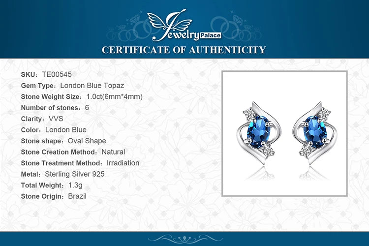 JewelryPalace Oval 1.1ct Natural London Blue Topaz 925 Sterling Silver Stud Earrings for Woman Fashion Fine Jewelry Luxury Gift