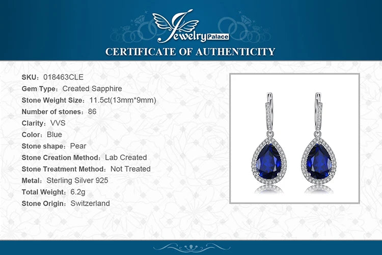JewelryPalace 12ct Huge Pear Created Blue Sapphire 925 Sterling Silver Dangle Earrings for Women