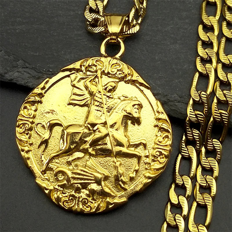 Saint George PROTECT US Christian Stainless Steel Pendant Necklace for Women Men Gold Color St. George Necklace Chain Jewelry