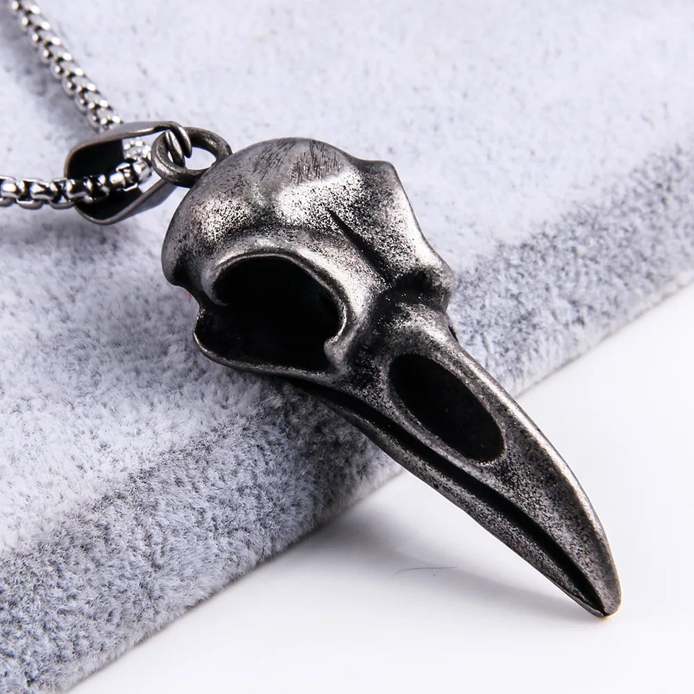 Vintage Nordic Viking Crow Head Bird Skull Pendant Necklace for Men Women Stainless Steel Punk Fashion Jewelry Gifts Wholesale