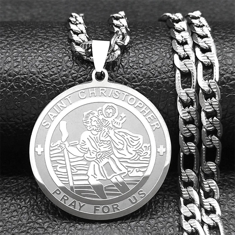 Jesus Saint Christopher Protect Us Pendant Necklace For Women Men Stainless Steel Gold Color Round Party Christian Jewelry