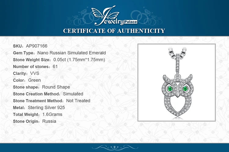 JewelryPalace Owl Simulated Nano Emerald 925 Sterling Silver Pendant Necklace for Woman Gemstone Fine Jewelry Without Chain