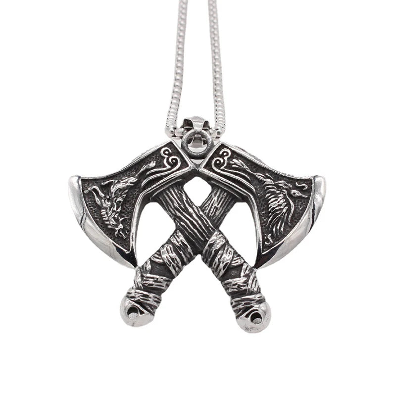 Unique Viking Double Axe Pendant Stainless Steel Retro Nordic Domineering Wolf and Eagle Necklace Scandinavian Jewelry