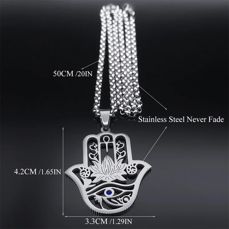 Hamsa Hand of Fatima Lotus Flower Eye of Horus Necklace Women Stainless Steel Silver Color Ankh Key of Life Necklaces Jewelry