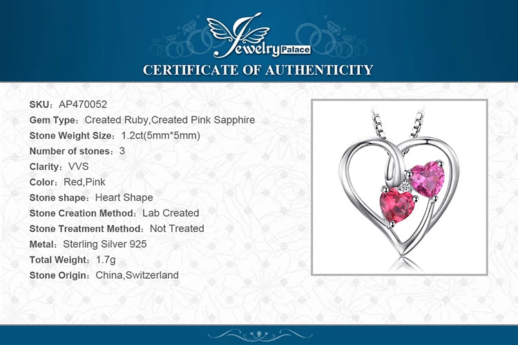 JewelryPalace Love Heart 1.2ct Created Ruby Pink Sapphire 925 Sterling Silver Pendant Necklace for Woman Jewelry Without Chain