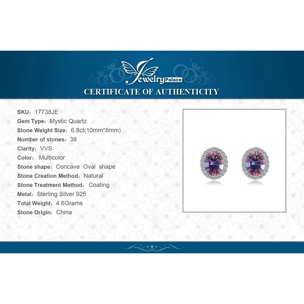 JewelryPalace 6.8ct Natural Rainbow Mystic Quartz 925 Sterling Silver Stud Earrings for Women Fashion Gift Jewelry New Arrival