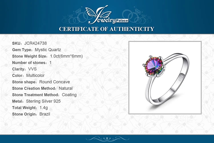 JewelryPalace Natural Rainbow Mystic Quartz 925 Sterling Silver Ring for Women Solitaire Gemstone Jewelry Engagement Ring