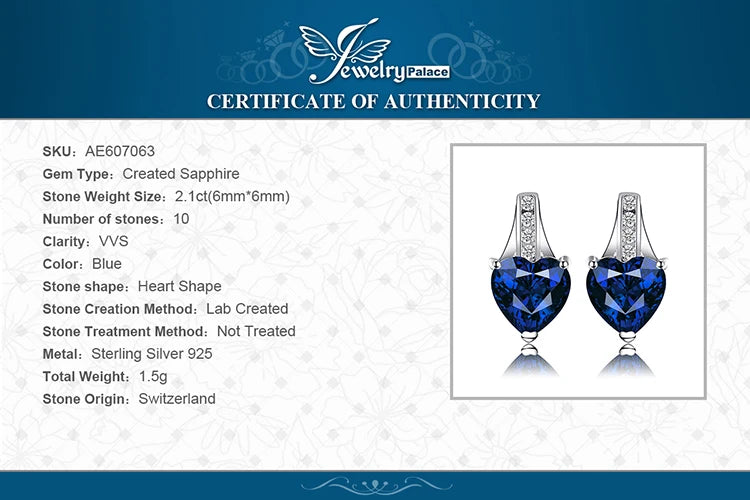 JewelryPalace Love Heart 2.1ct Created Blue Sapphire 925 Sterling Silver Stud Earrings for Woman Fine Jewelry Anniversary Gift
