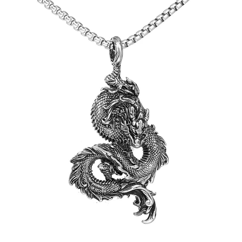 Stainless Steel Dragon Necklace for Men - Chinese Zodiac Pendant Jewelry Gift, Oriental Amulet Gift, Asian Mythology Accessories