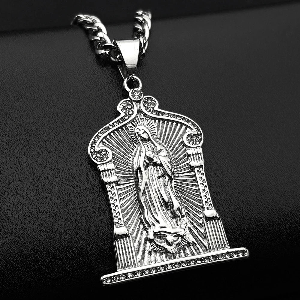 Catholic Virgin Mary Medal Rhinestones Pendant Necklace for Women Men Gold Color Stainless Steel Chain Amulet Jewelry Gift