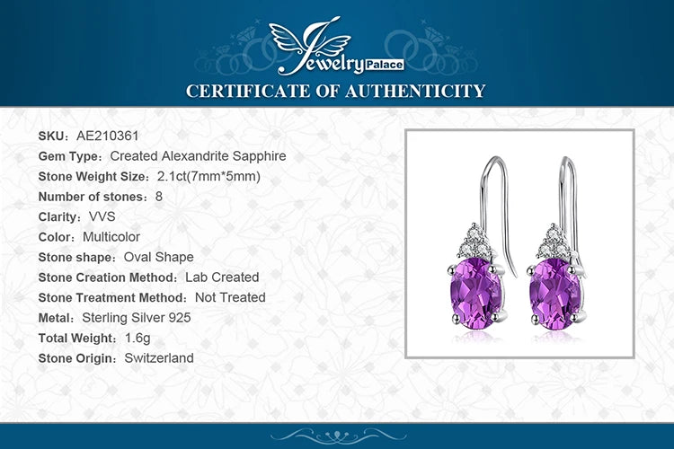 JewelryPalace Oval Purple Created Alexandrite Sapphires 925 Sterling Silver Clip on Drop Earrings for Women Gemstone Jewelry