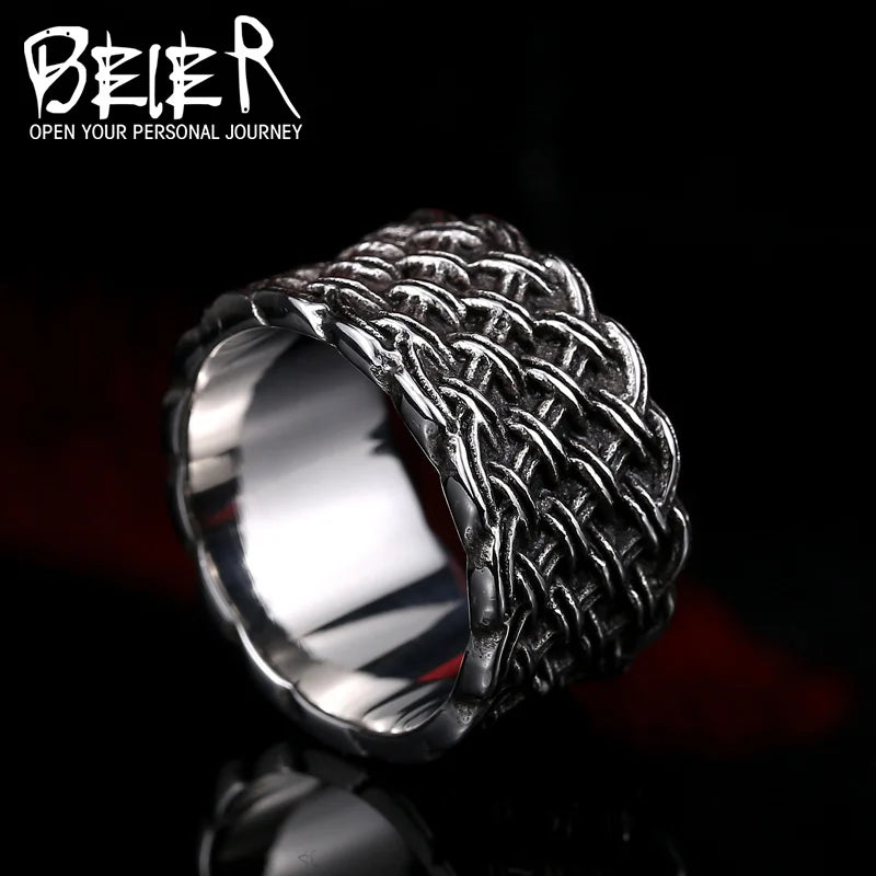 Beier Updated Designs 316L Stainless Steel High Quality Ring Gothic Chain Knitting Ring For Men Personality Retro Jewelry