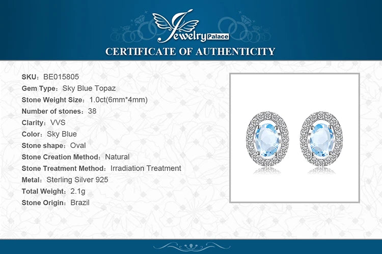 JewelryPalace Oval 1ct Natural Sky Blue Topaz 925 Sterling Silver Stud Earrings for Women Fashion Gemstone Jewelry Party Gifts