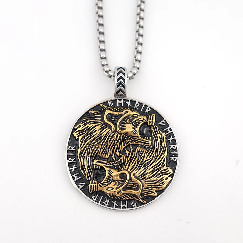 Wolf & Lion Pendant Necklace with Norse Runes Vintage Style Viking Tribal Chain for Men, Punk Biker Stainless Steel Jewelry Gift