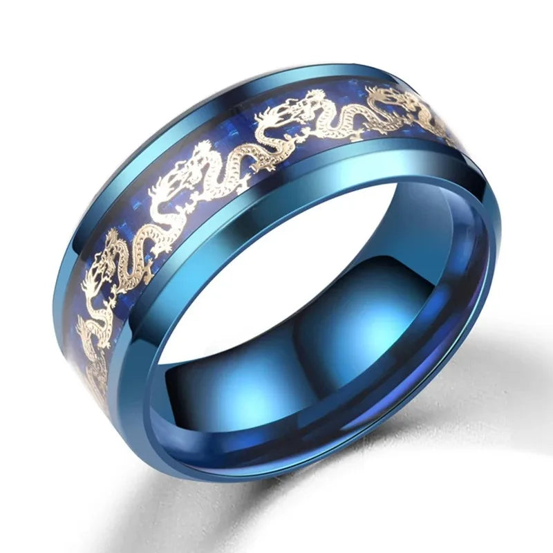 Fashion 8mm Men Stainless Steel Dragon Ring Vintage Punk Chinese Dragon Pattern Carbon Fiber Rings For Men Wedding Party Jewelry