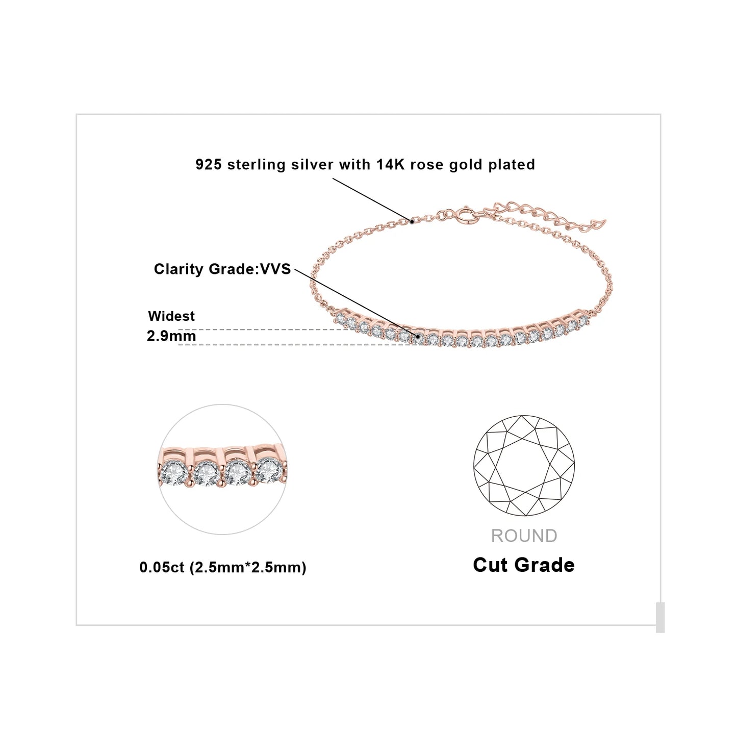 JewelryPalace Moissanite D Color Round Cut 925 Sterling Silver Adjustable Link Bracelet for Woman Yellow Rose Gold Plated