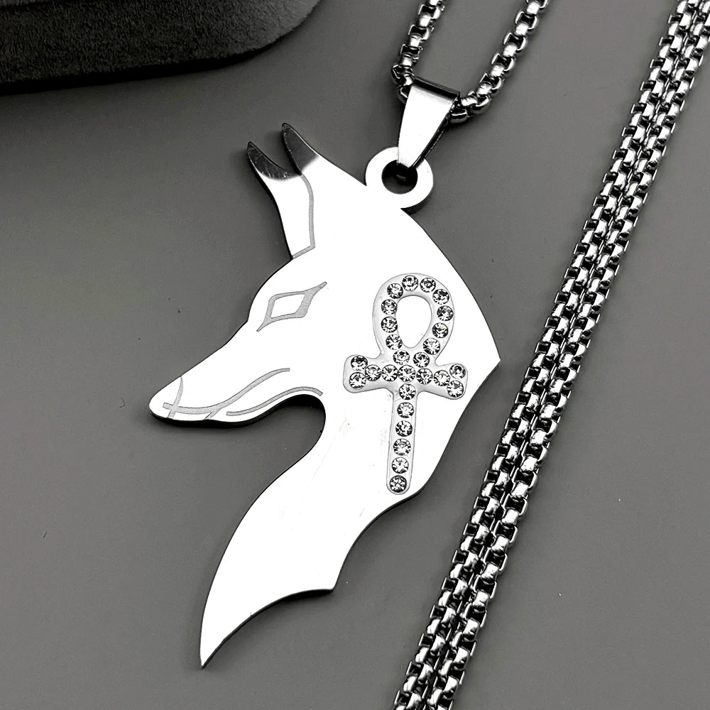 Anubis Egyptian Rhinestones Ankh Cross Symbol Stainless Steel Pendant Necklace for Women Men Gold Color Chain Necklaces Jewelry