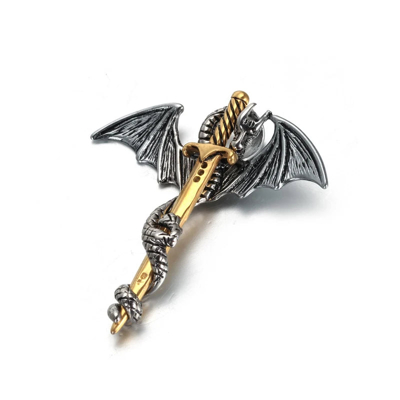 Vintage Stainless Steel Men's Dragon Necklace Fashion Steel Dragon Sword Chinese Pendant for Women Biker Jewelry Gift